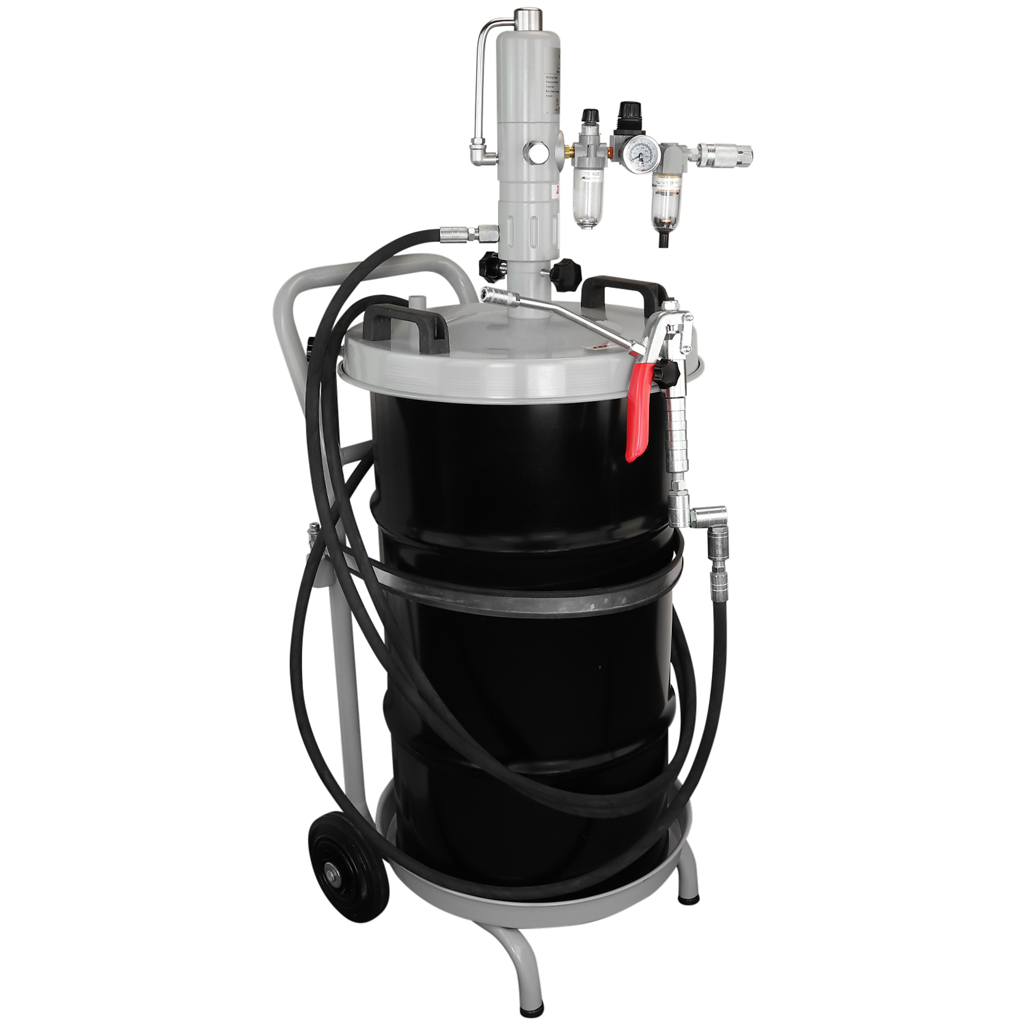 Zee Line 70:1 Grease Pump Package for 120lb Kegs — Pneumatic Pump, Filter/Regulator/Lubricator, 12ft. Hose, Control Nozzle, Follower Plate, Drum Cover, Cart, 87-116psi, Model# ZE1213KC